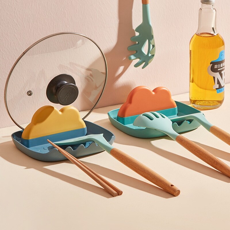 Gambar Spatula And Spoon Rack Pot Cover Rack Kitchen Countertop Oil proof Pan With Pot Cover Cutting Board Storage Rack Shelf