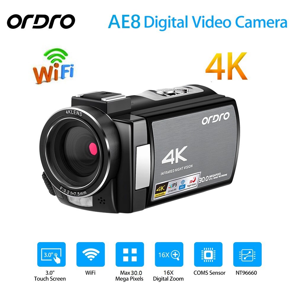 KONNWEI AE8 Screen HDV UHD 4K WiFi 30MP 16X Zoom IR Night Vision Camera DV Digital Camcorder Ordro AE8 ราคา 5,680 บาท*ส่งฟรี