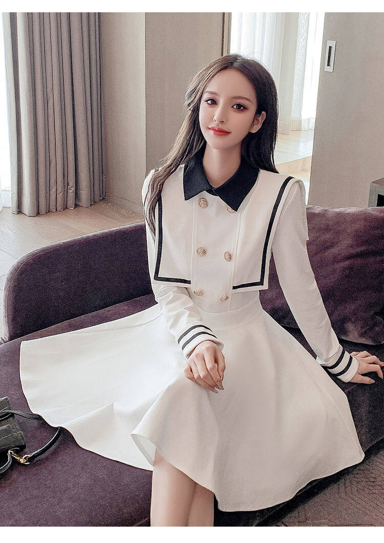 Navy style dress for women 2021 Spring and Autumn new small waist-tight temperament contrast color college style long sleeve A- line dress