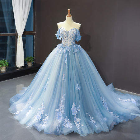 Sky Blue Lace Quinceanera Dress by 