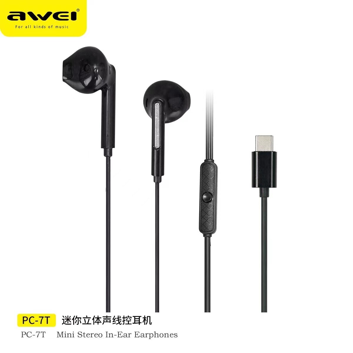  Awei PC-7T 6t Type-C USB C có dây tai nghe nhét tai Tai nghe nhét tai earbuds có micrô cho Xiaomi Samsung Huawei 