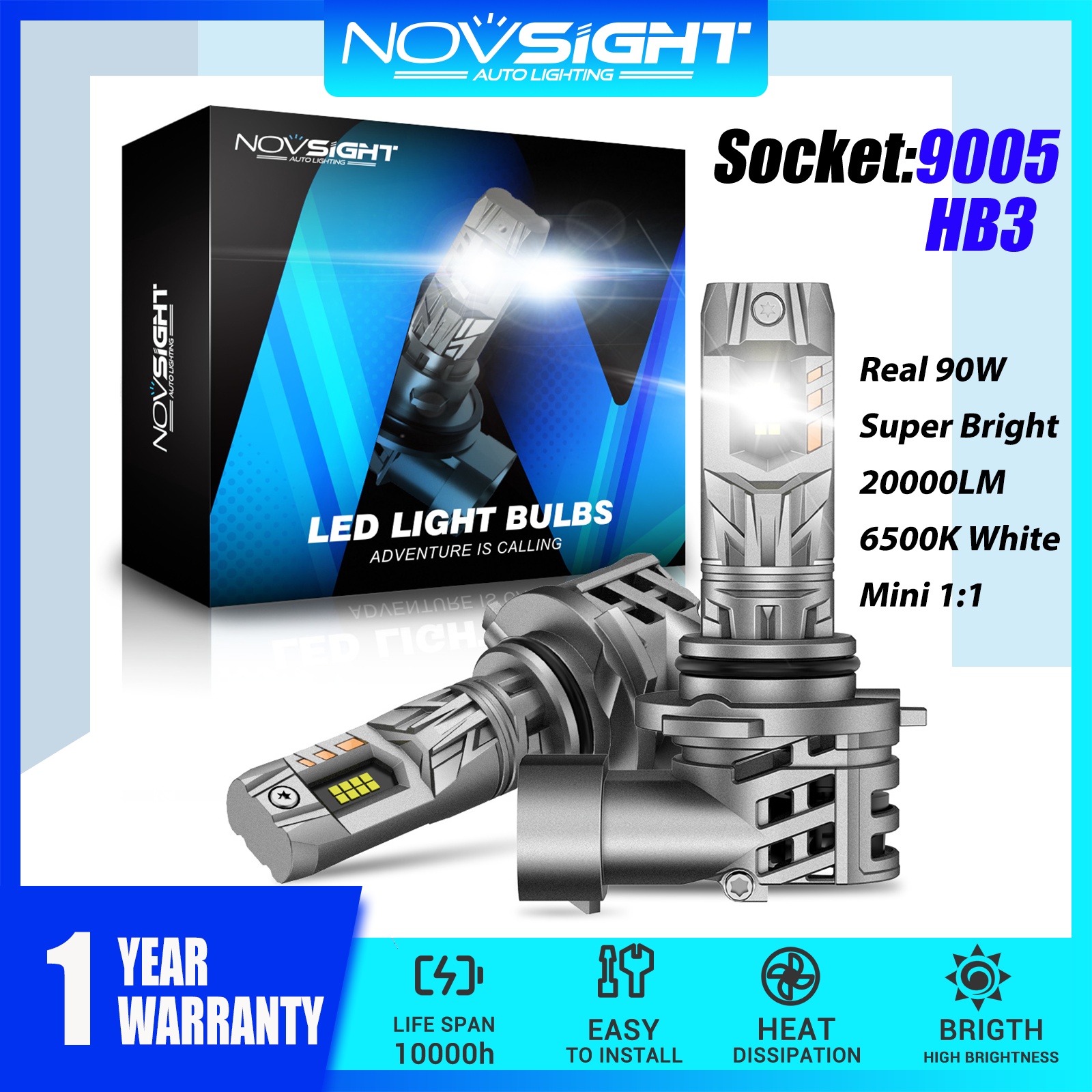 Novsight N63 LED Lights for Car 9005 HB3 LED Headlight Bulb Kit High Beam 90W 20000LM 6500K Super Bright Mini 1:1 Design Plug&Play 2Pcs 1 Year Warranty Free Shipping Giá 618,576 Đồng*Miễn phí vận chuyển