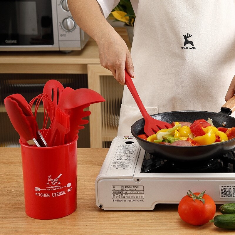 Gambar Silicone Kitchen Utensils 11 Piece Set Kitchen Cooking Utensils Set Non stick Frying Shovel with Storage Bucket Kitchen Items