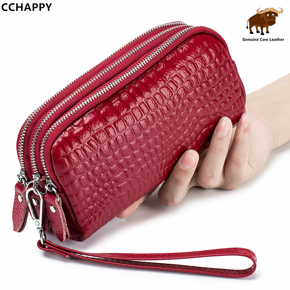 Cchappy ví cầm tay da thật ví nữ thời trang sức chứa lớn ba lớp túi xách cá sấu ví dài nữ đa năng