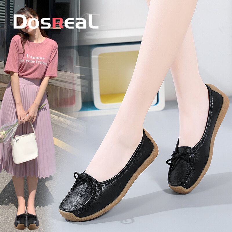 DOSREAL Women Flats Shoes Women Genuine Leather Shoes Woman Korean Style White Loafers Slip On Ballet Flats Women Shoes ราคา 486 บาท*ส่งฟรี