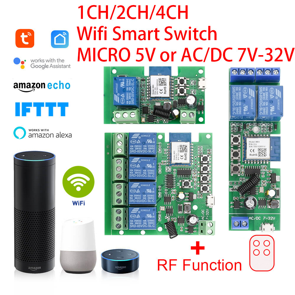 Tuya RF 433MHz Wifi mô-đun chuyển đổi AC/DC 7-32V 1/2/4 Kênh rơle không dây cuộc sống thông minh ứng dụng điều khiển từ xa alexa googole nhà iốt điều mô-đun rơle từ xa nhà thông minh điều công tắc điều khiển từ xa rèm cửa nhà để xe điều khiển máy bơm nước