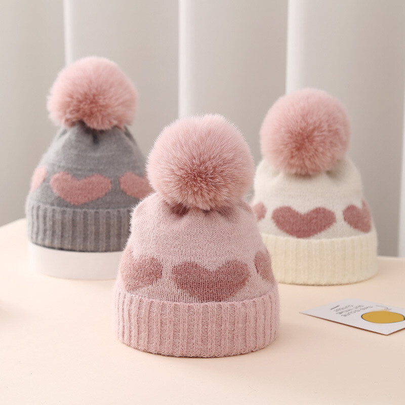 Big Pompom Baby Knitted Hat Cute Heart Print Beanies for Newborn Girls