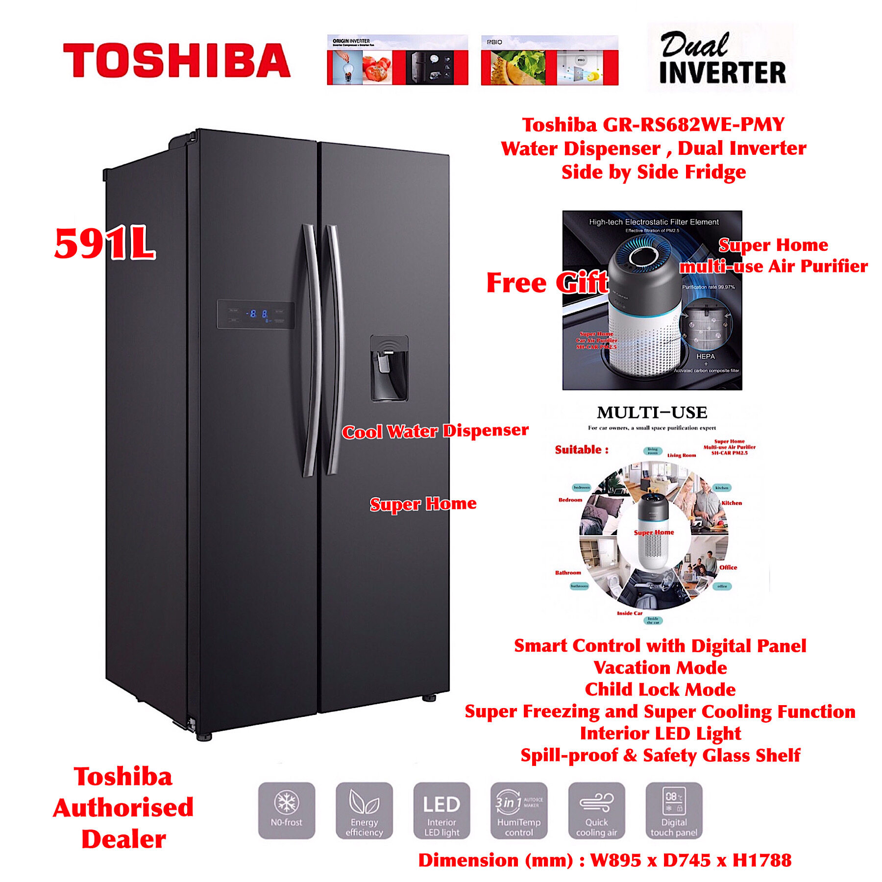 Toshiba Refrigerator (591L) Dual Inverter Side By Side Fridge GR