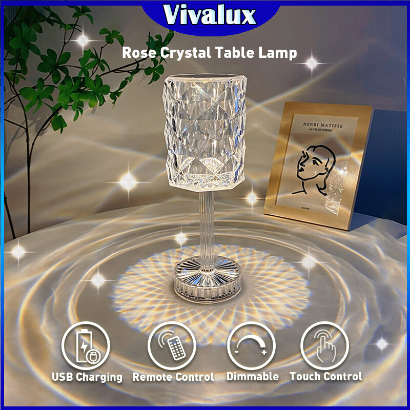 Vivalux Đèn Bàn Pha Lê Hoa Hồng Đèn Môi Trường Di Động Sạc Được Hiện Đại Đèn Để Bàn Kim Cương Đổi Màu Cảm Ứng Đèn Ngủ Đầu Giường Quán Bar Nhà Hàng Đèn Chiếu Hoa Hồng Trang Trí