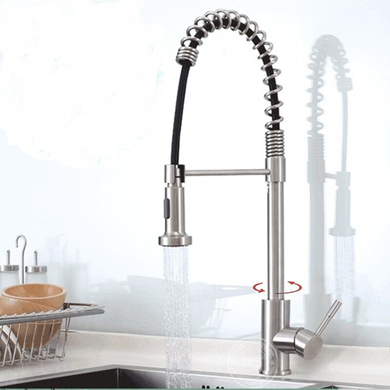 Gambar SUS304 stainless steel spring wire drawing cold hot xiancai basins smoked pull telescopic kitchen faucet showers