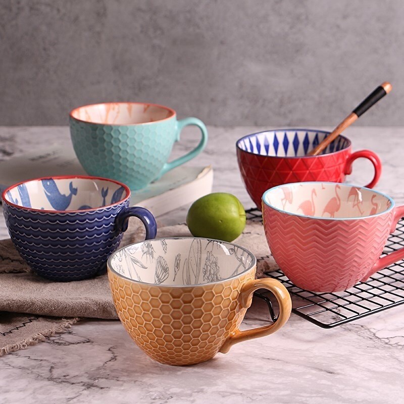 Gambar ?CW? ColorfulHand Painted Coffee CupVintage Mugs Cafe Bar Supplies Embossed Personality Breakfast Cup Mug