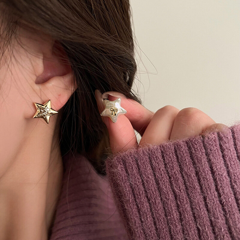 Efenji Classic Gold Color Asymmetry Star Stud Earrings For Women Bow Irregular Letter Pearl Earrings Girls Fashion Jewelry