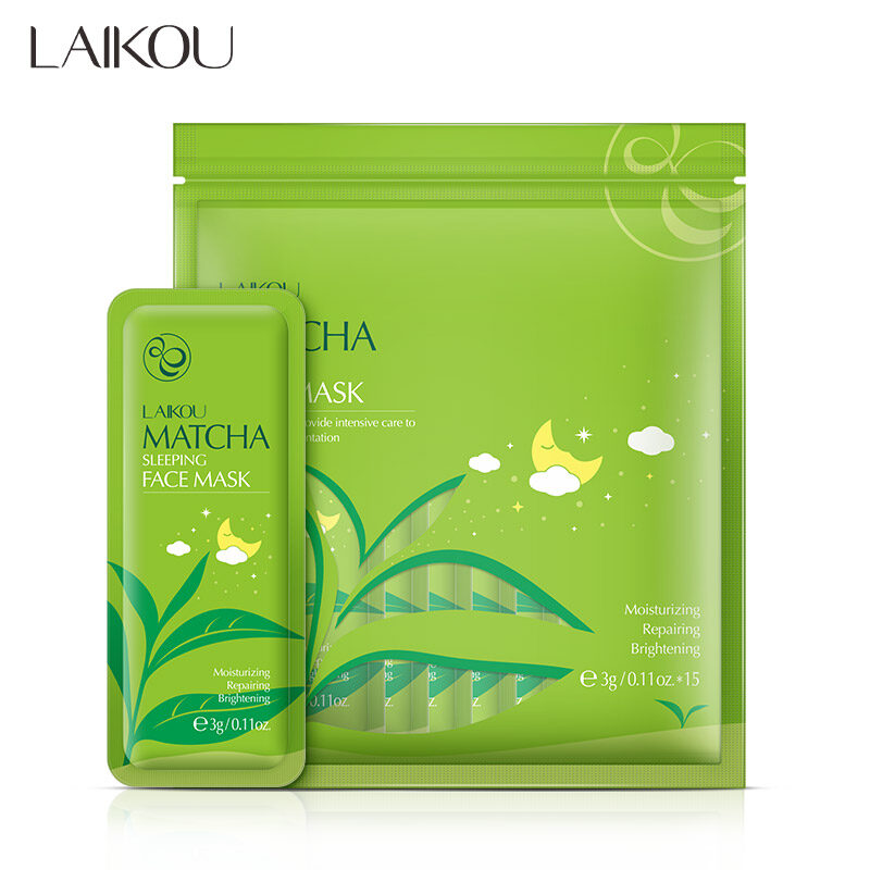 Laikou mặt nạ ngủ matcha mặt nạ dưỡng ẩm làm dịu làm sáng ban đêm, kem 15 miếng