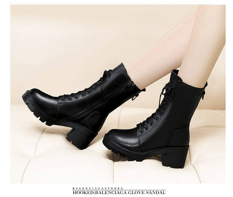 2020 new Martin boots women thick heel lace up mid-tube boots women flat bottom autumn and winter shoes mid thick heel non-slip military boots