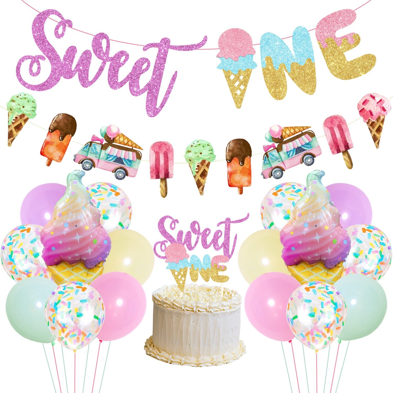 Cheereveal Sweet One Birthday Party Decorations Ice Cream 1st Decor With Glitter Banner Cake Topper And Balloons For Girl Supplies