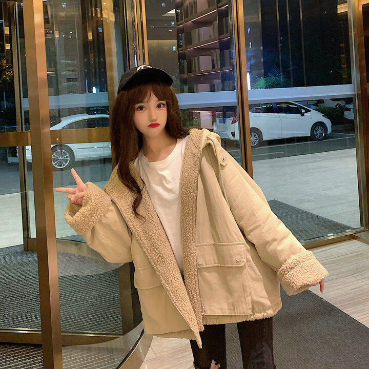 Thickened double-sided lamb wool coat for female ins students Korean style loose autumn and winter New Harajuku workwear cotton coat fashion