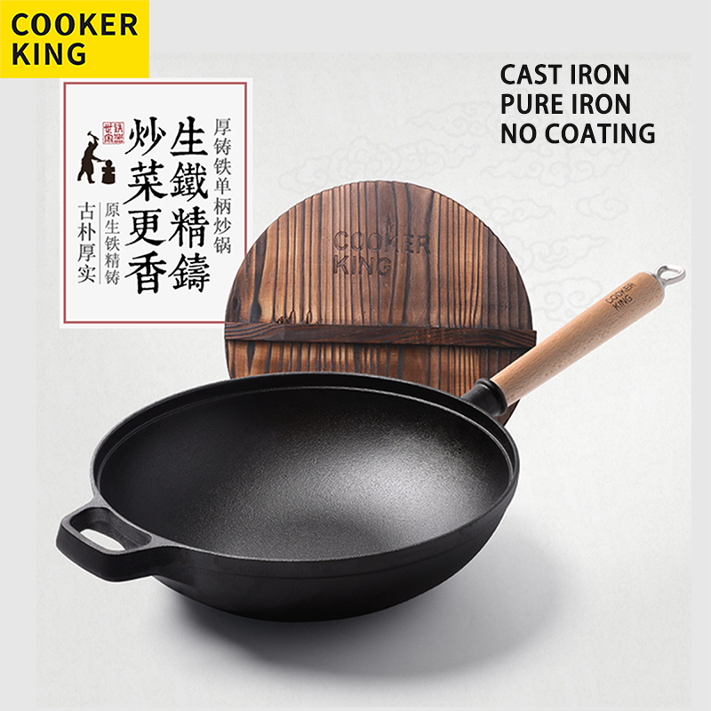 Gambar READY STOCK_COOKER KING?No Coating, Pre seasoned?Periuk Besi Kuali Traditional Cast Iron Wok Uncoated Cast Iron Cookware With Lid  Suitable for All Stoves Gas Induction Stove,30cm 36cm