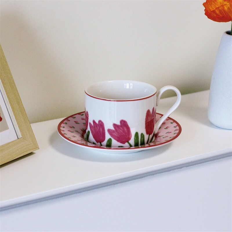 Gambar Korean Girl Heart Bursting Tulip Cup Pink Hand painted Coffee Cup Saucer Net Red Ins Feng Shui Cup High Value
