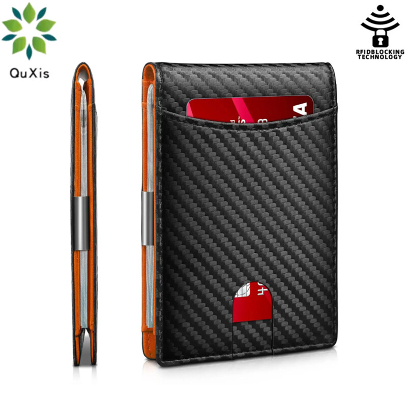 Quxis 2023 mới mỏng và an toàn: Sợi Carbon mới chặn RFID bằng da nam Ví mỏng đồ đựng thẻ với 7 khe đựng thẻ
