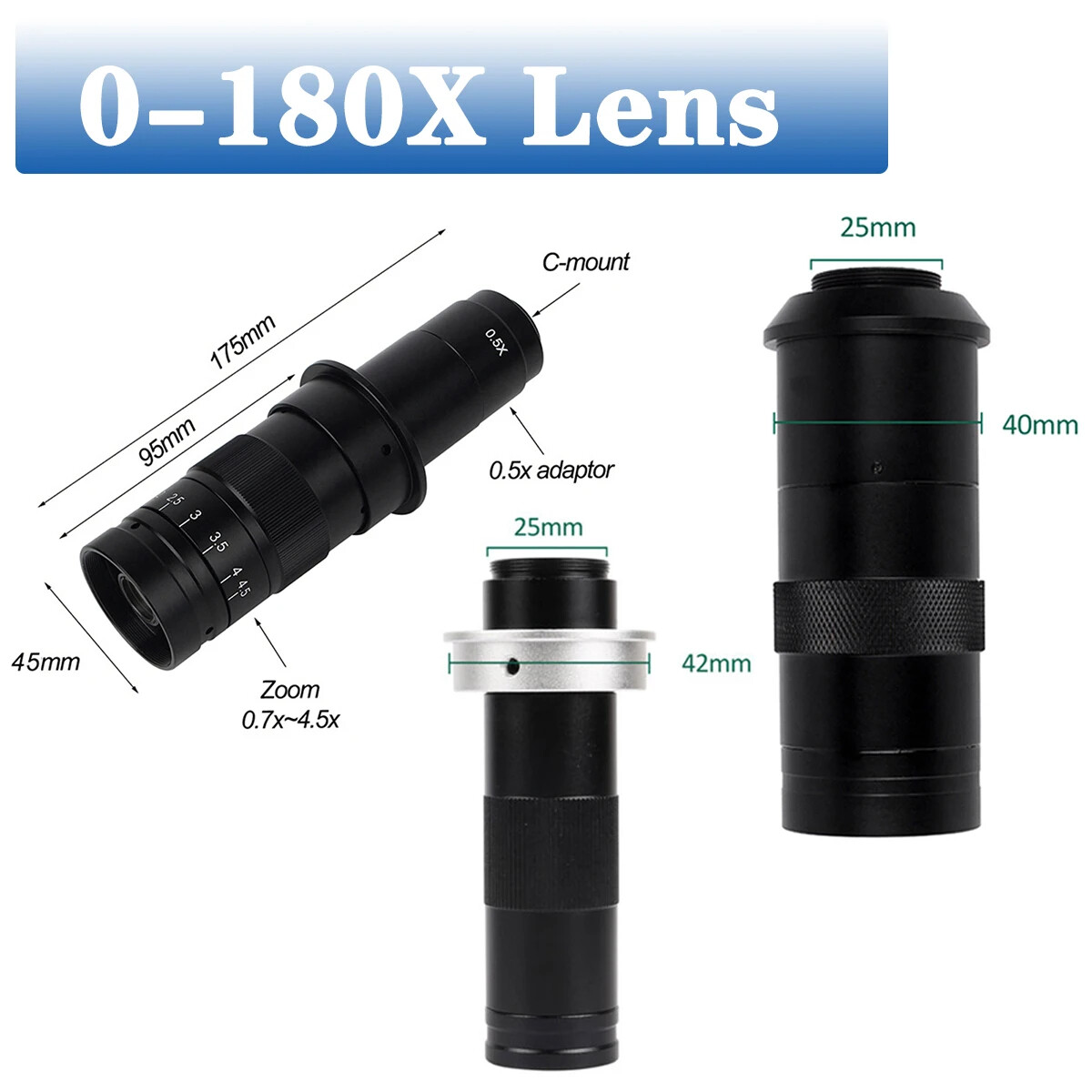 Máy Ảnh Kính Hiển Vi Video Công Nghiệp KUAIQU Vật Kính 180 Bội Số Điều Chỉnh Tiêu Cự 180X 130X C-MOUNT Cho Máy Ảnh HDMI VGA