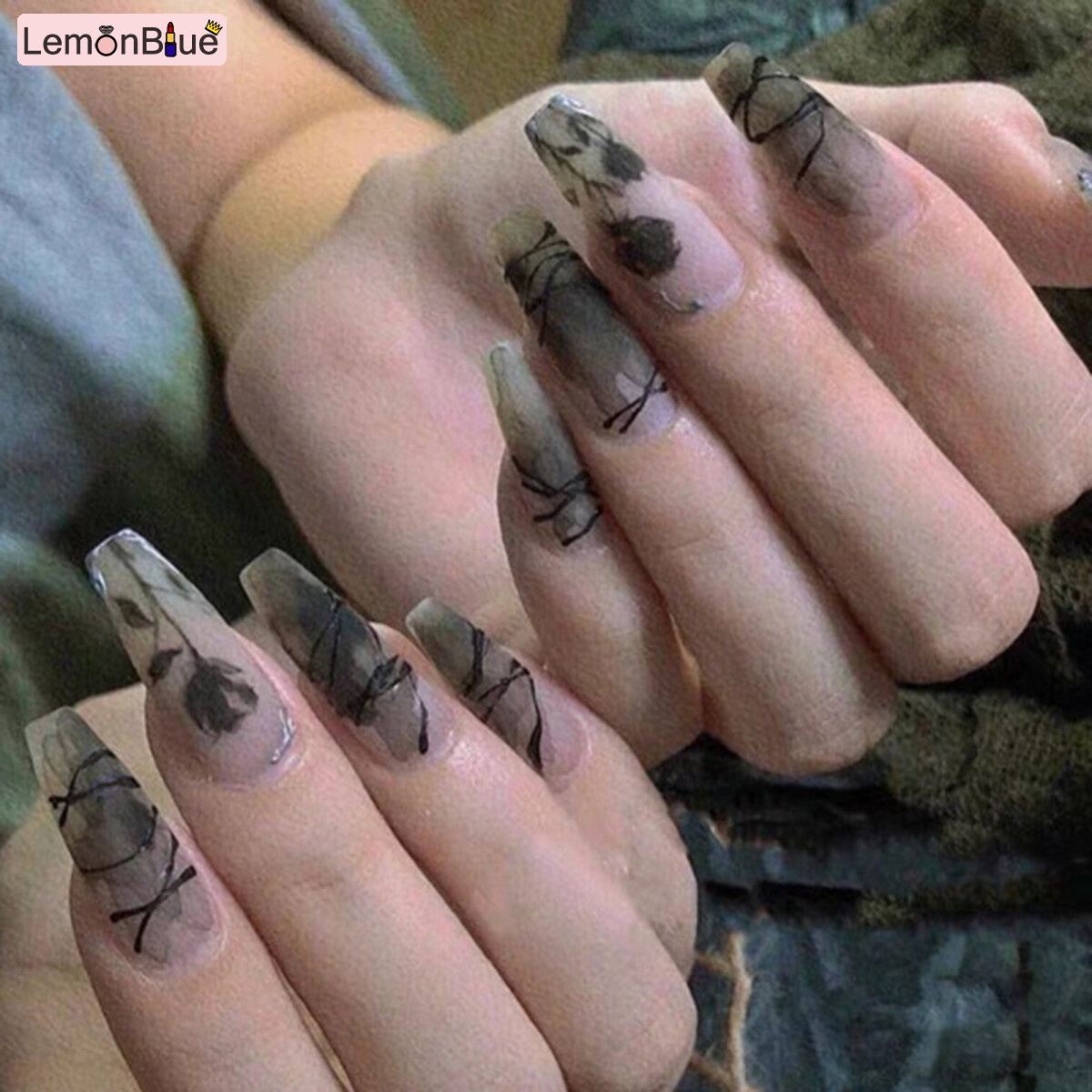 Gambar LemonBlue 24pcs Black Rose Wear Long Paragraph Fashion Manicure Patch False Nails Save Time Wearable Nail Patch