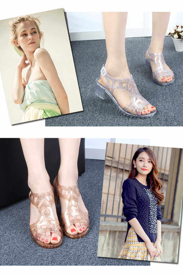 Summer sandals womens crystal glitter jelly shoes open-toed thick heel sandals plastic womens sandals casual beach shoes