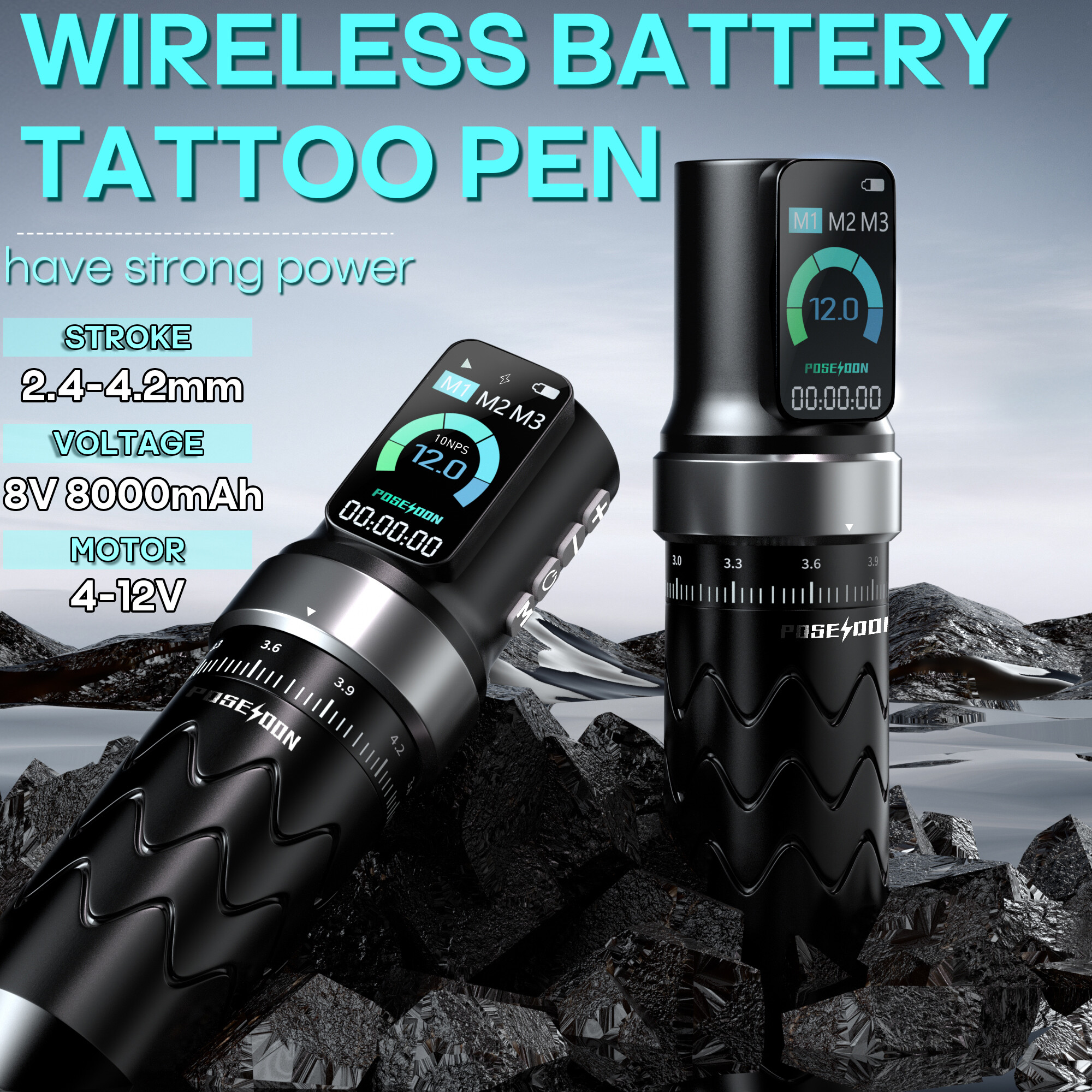  Bút Tattoo Poseidon máy xăm không dây với chiều dài 7 nét và nguồn điện công suất 2300mAh động cơ Màn hình đèn LED kỹ thuật số và chất lượng cao cho nghệ sĩ 