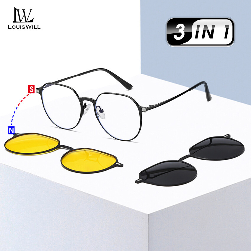 LouisWill Sunglasses 3 In 1 Men Polarized Sunglasses Magnetic Sun Glasses Night Vision Eyewear Frame Spectacles 3 Lens Unisex Anti-UV Spectacles Ultraviolet-Proof Fashion Eyeglass ราคา 253 บาท*ส่งฟรี