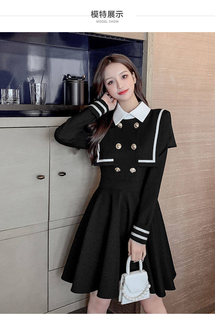 Navy style dress for women 2021 Spring and Autumn new small waist-tight temperament contrast color college style long sleeve A- line dress