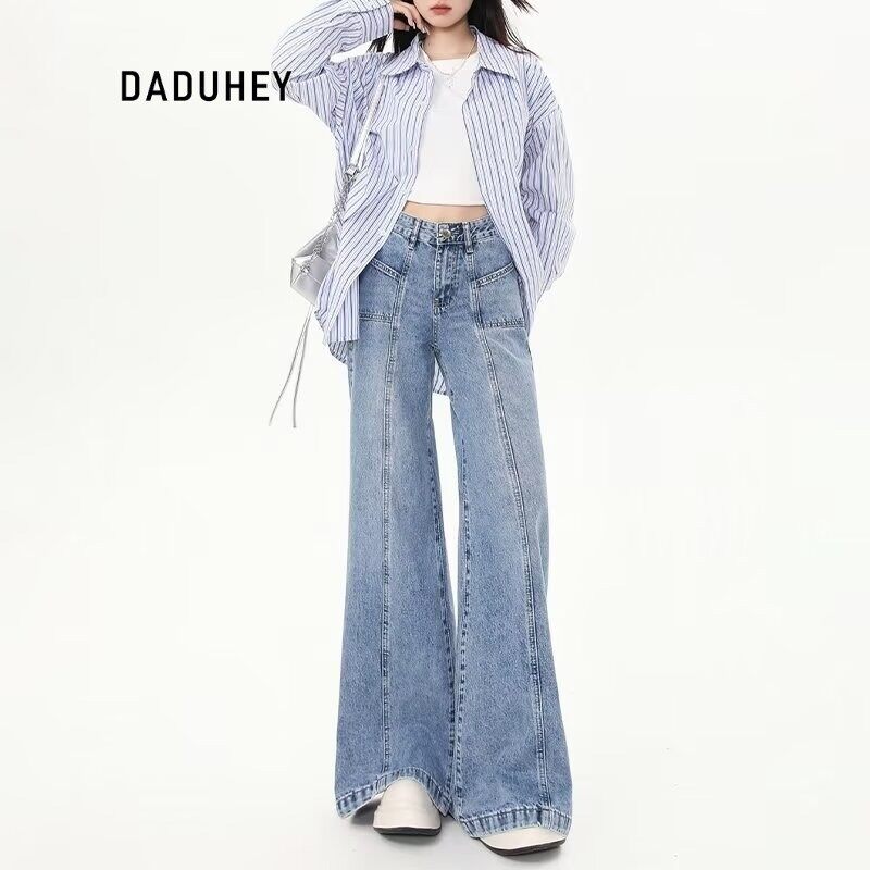 Daduhey Thẳng Lỏng Thiết Kế Cảm Giác Jeans cạp cao dáng ôm Nhỏ Quần Legging rộng Lau Quần Cho Phụ Nữ