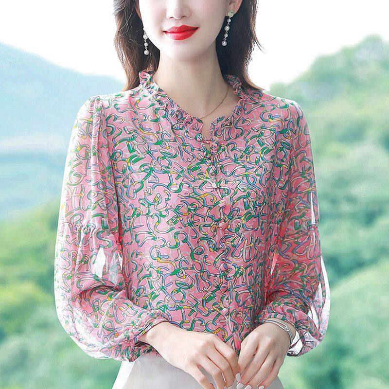 Áo sơ mi dài tay chiffon hoa cho Phụ nữ mùa mùa xuân và mùa thu mới lỏng lẻo và linh hoạt hàng đầu Áo sơ mi dài tay giản dị