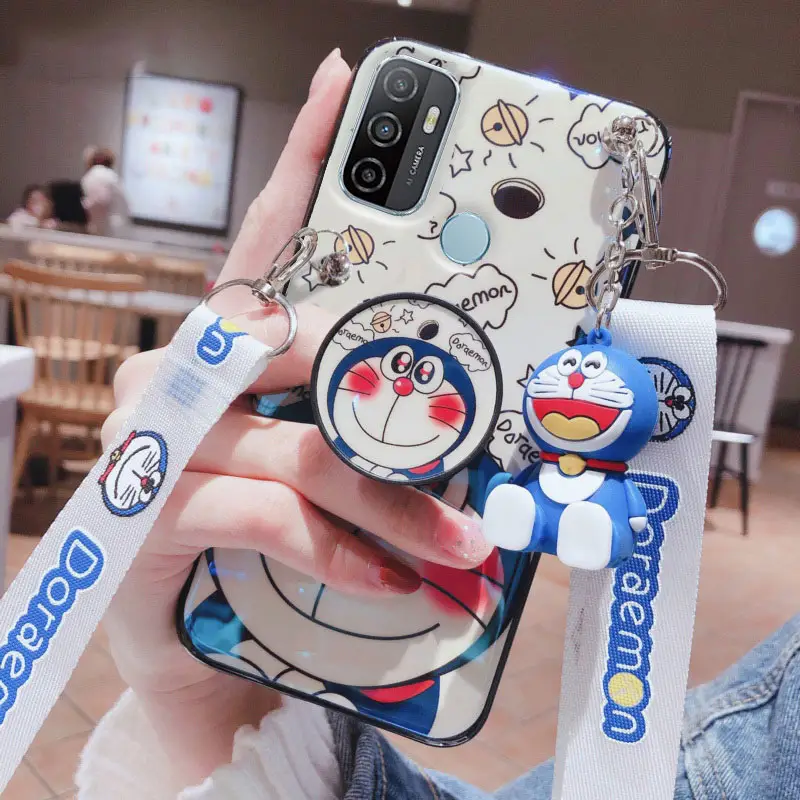 For Oppo A93 A92 A52 A53 A33 A73 2020 Casing Crossbody Strap Phone Case Hp Oppo A53 A52 A92 Cute Doraemon Doll Bracket Softcase Casing Oppo A93 Kesing Sling Case A53 A33