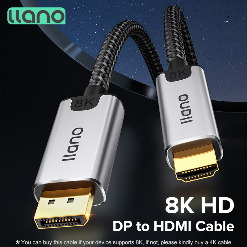 LLANO Cáp DP 8K Sang HDMI Dây Chuyển Đổi Video HD 2 Mét Cáp Chia Cổng DisplayPort Sang HDMI 8K 4K 2K 120Hz 165Hz Ổn Định 8K