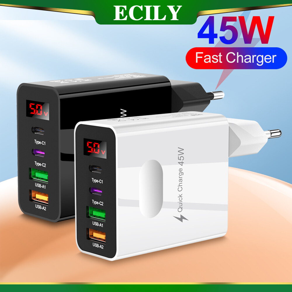 Ecily 45W sạc USB sạc nhanh 4 cổng loại C QC 3.0 Bộ Sạc gắn tường 2USB + 2 Type-C Màn hình hiển thị kỹ thuật số di động sạc điện thoại đa cổng sạc đầu EU chúng tôi Anh cho i-Phone 12 13 Samsung Xiaomi điện thoại di động sạc điện thoại Bộ chuyển đổi sạc