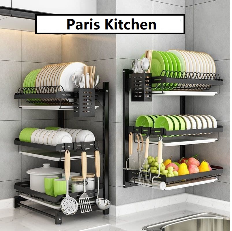 Gambar D1030 (Paris Kitchen) Kitchen Dish Rack Hanging Drying Dish Organizer Storage Shelf over the Sink 2 3 Tier Bowl Holder with Drain TrayStainless Steel  ampamp Black Coating