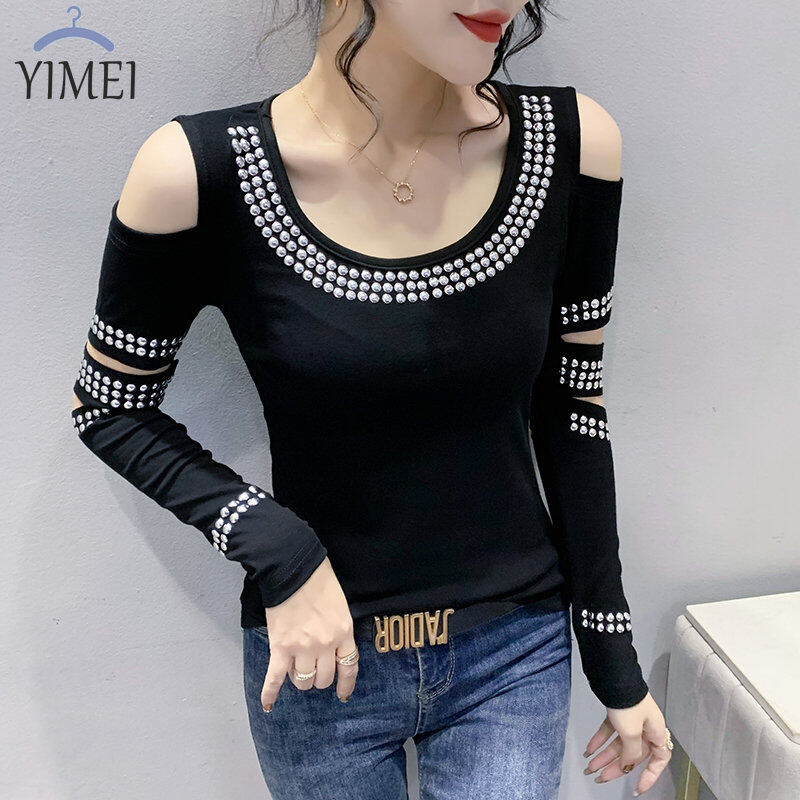 Yimei áo thun màu đen áo thun nữ quyến rũ mới thu đông 2022 áo thun nữ áo thun dài tay cá tính ôm eo đính đá hot