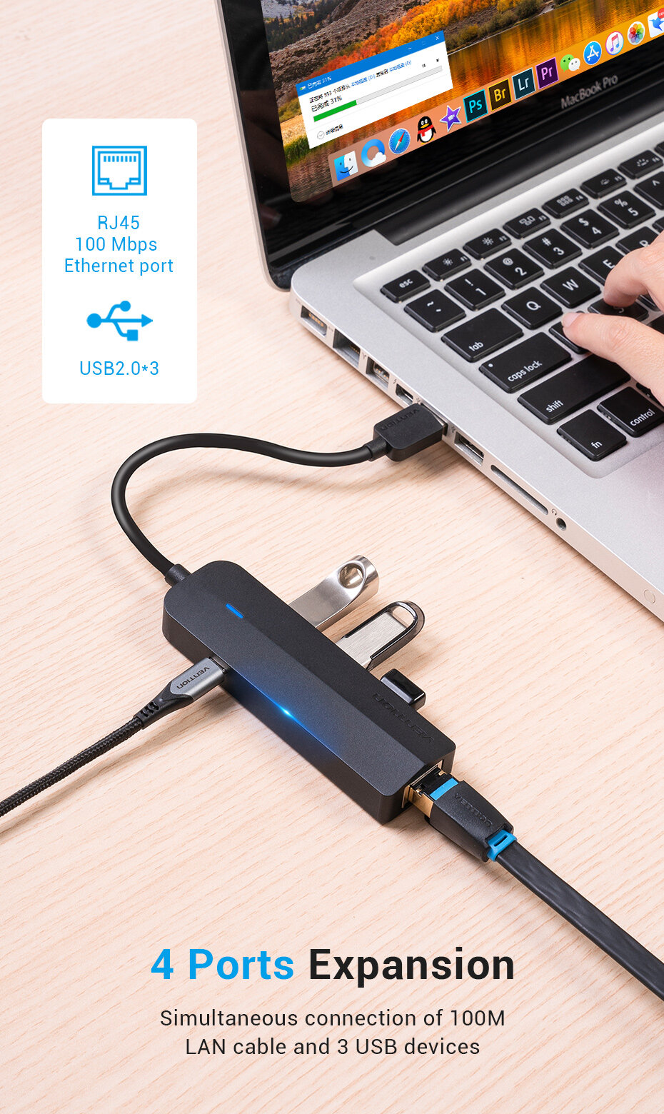 Vention USB Port HUB 2.0 Multi 4 USB Adapter with Micro Charge Power High Speed