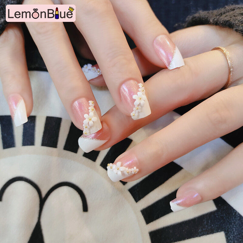 Gambar LemonBlue 24pcs Flower Printed Nails Patch Square Head Glue Type Mid Length Paragraph Fashion Removable Manicure False Nails Patch