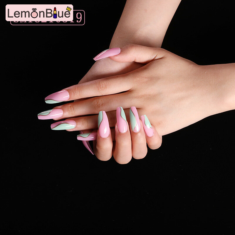 Gambar LemonBlue 24pcs Pink Green Nail Patch Glue Type Removable Long Paragraph Fashion Manicure Save Time False Nails Patch
