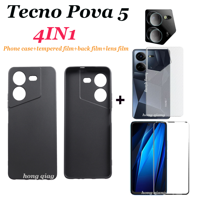 4 trong 1 cho TECNO pova 5 đen mờ vỏ điện thoại + toàn màn hình kính cường lực + Tấm dán bảo vệ ống kính + miếng phim dán sau TECNO pova 4 pova 4 Pro pova 3 pova 2
