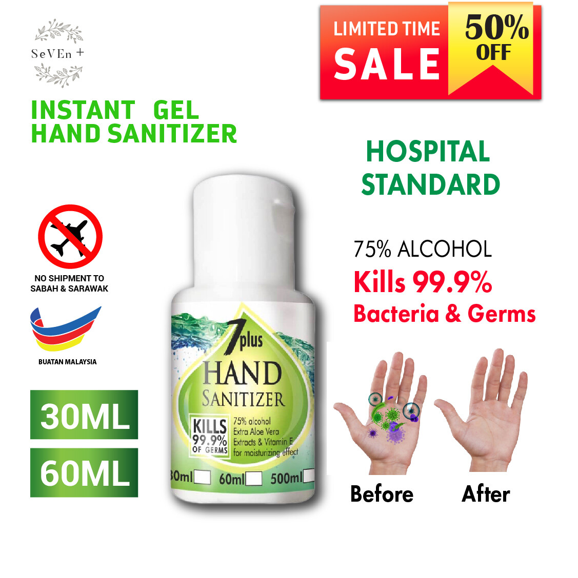 Gambar FAST DELIVERY 60ml 75% Hospital standard Alcohol based instant gel hand Sanitizer Sanitiser ??????? Antibacterial AntiGerm Aloe Vera non sticky no colouring no fragrance Pembersih Tangan