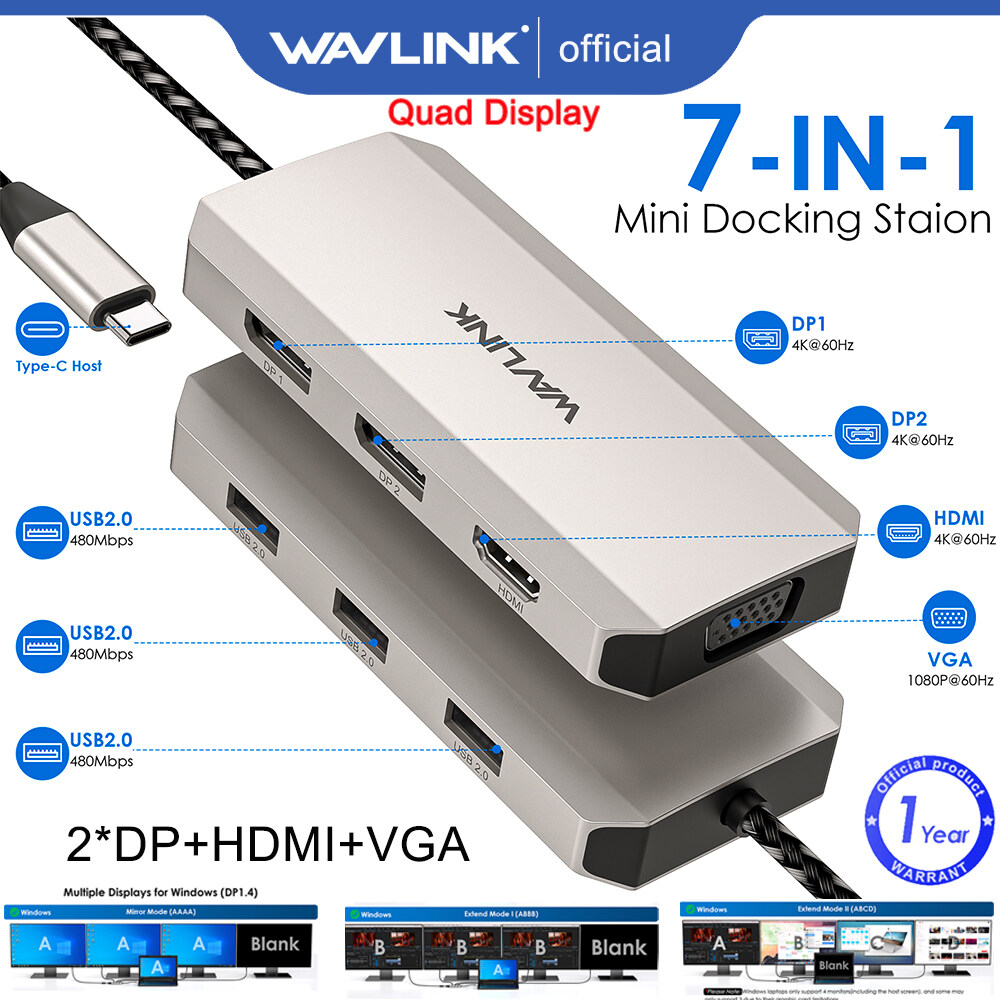 Wavlink 7-in-1 Quad màn hình USB C ổ cắm máy tính xách tay phổ Nhôm Loại đa cổng C HUB với Dual 4k d