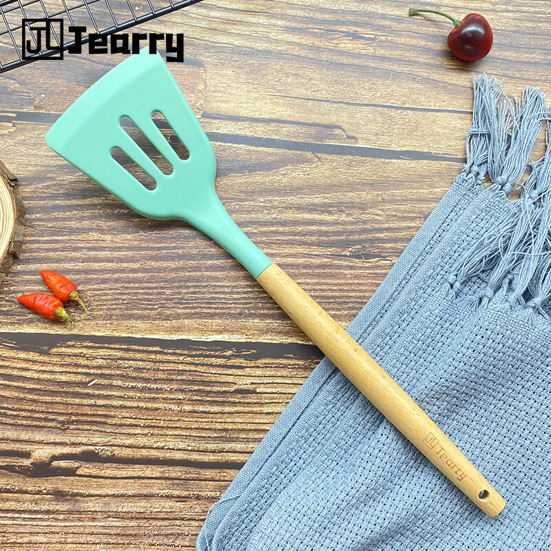 Gambar Jearry Wooden Handle Slotted Spatula Heat Resistant Food Grade Silicone Kitchen Utensils