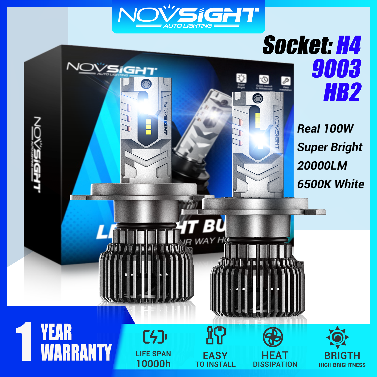 Novsight N75 LED Lights for Car H4 9003 HB2 LED Headlight Bulb Kit High/Low Beam 100W 20000LM 6500K Super Bright Plug&Play 2Pcs 1 Year Warranty Free Shipping