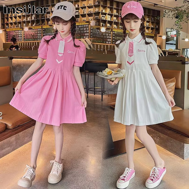 Insular children's solid color short sleeve dress Fashion sweet pleated skirt girls' cute princess dress ราคา  143 บาท*ส่งฟรี