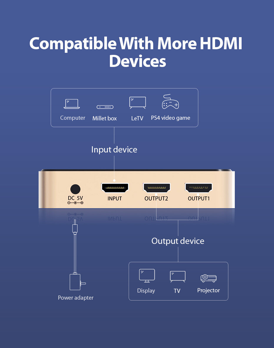 vention chuyển đổi hdmi splitter 1x2 4k 3d hdmi spliter hdmi switch adapter 1 in 2 out hdmi port hub with power supply metal type for xbox amplifier hdcp hdmi switcher 4