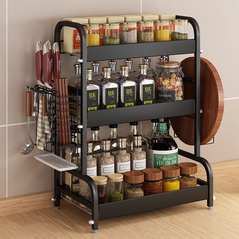 Gambar Stainless steel kitchen shelf household condiments cooking black mesa multilayer seasoning sauce vinegar receive tool slide