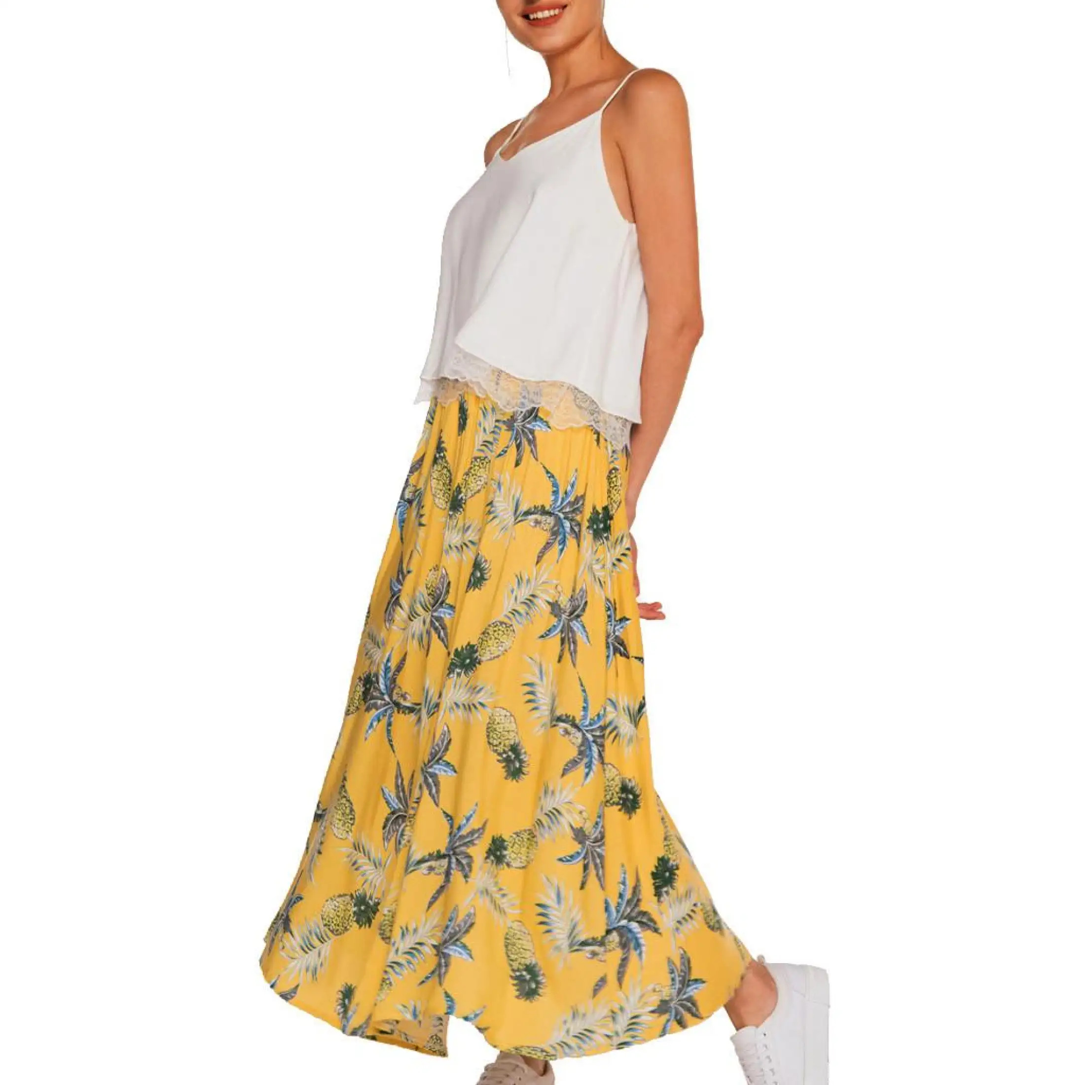 Fashion Lady Bohemian Printed Flexible High Waist A-Shaped Dress Beach Skirt 