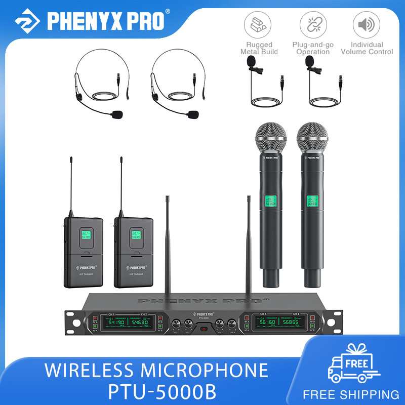 Phenyx Pro PTU-5000B Wireless Microphone System 4-Channel UHF Wireless Mic Set with Handheld/Bodypack/Headset/Lapel Mics Fixed Frequency Metal Microphone for Church Singing Stage Performances Karaoke ราคา 7,585 บาท*ส่งฟรี