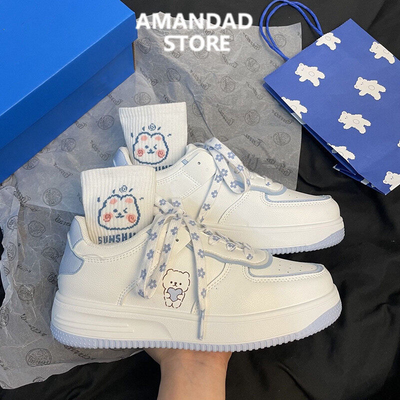 QiaoYiLuo Bear white shoes woman new sneaker network red platform shoes fashionable shoes ins board shoes woman